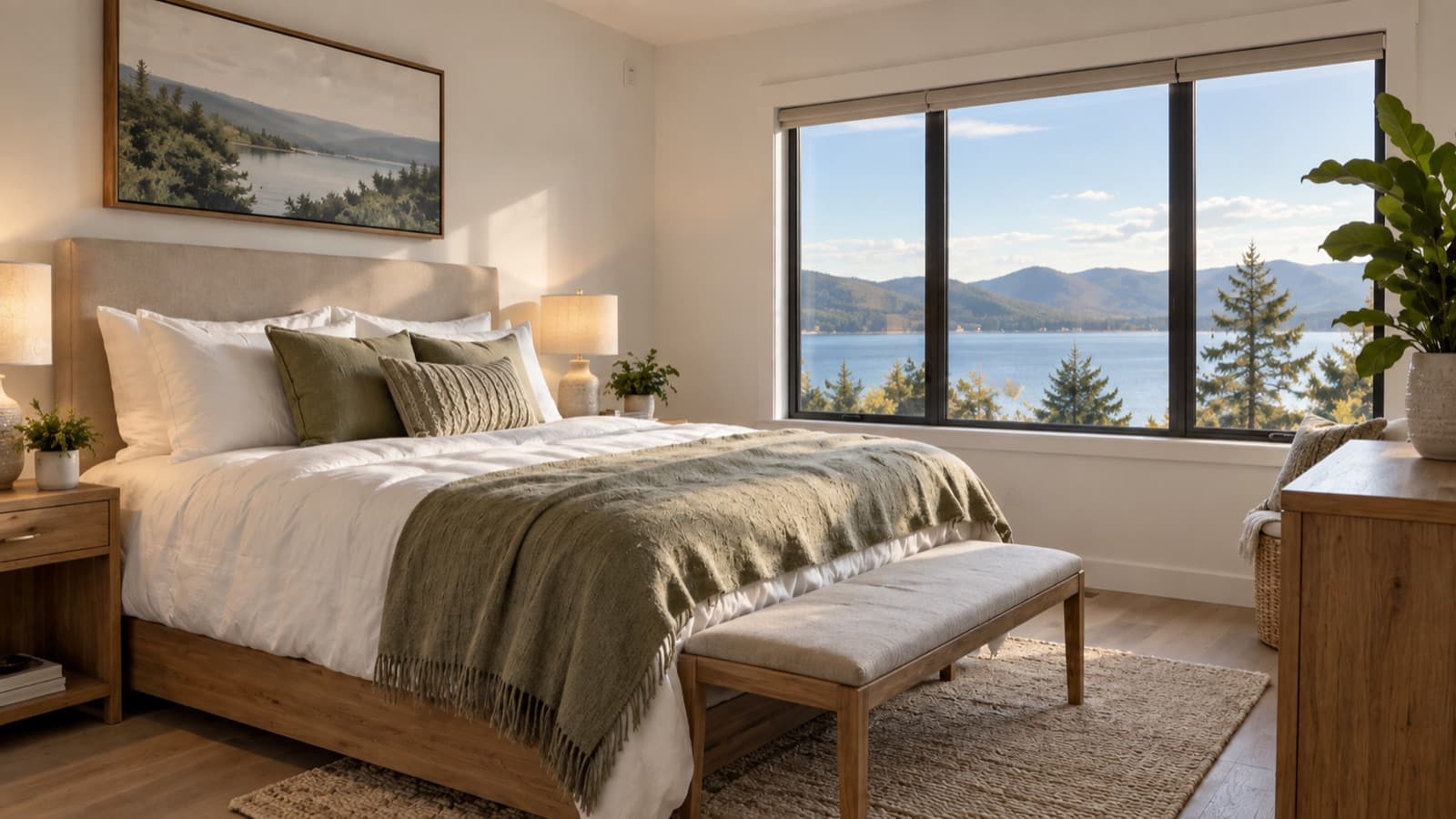 Calm bedroom with a made bed, a sage throw, and a window onto hills and water