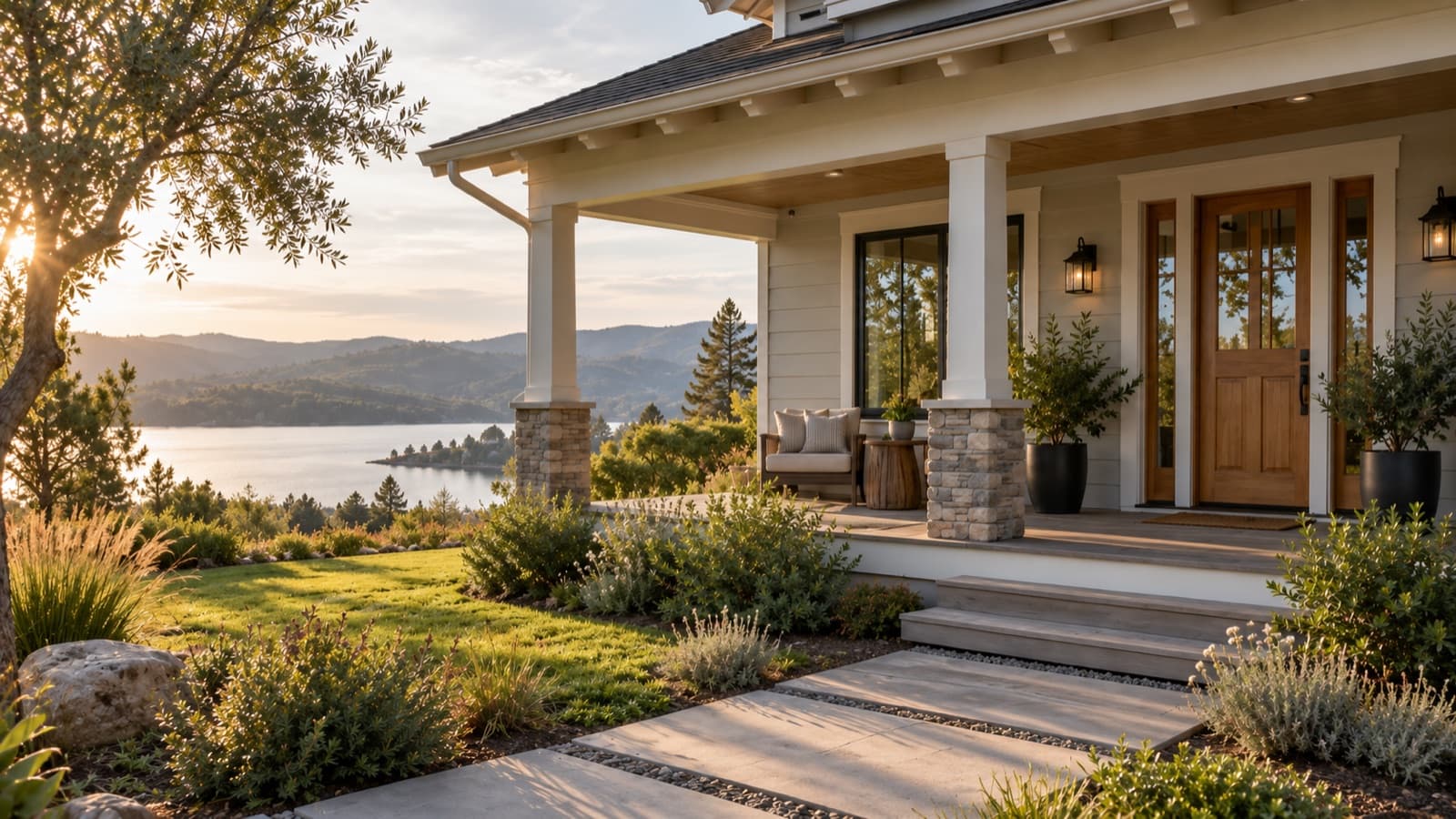 Front porch of the house at sunset, with a wooden door, seating, and a view over the water and hills