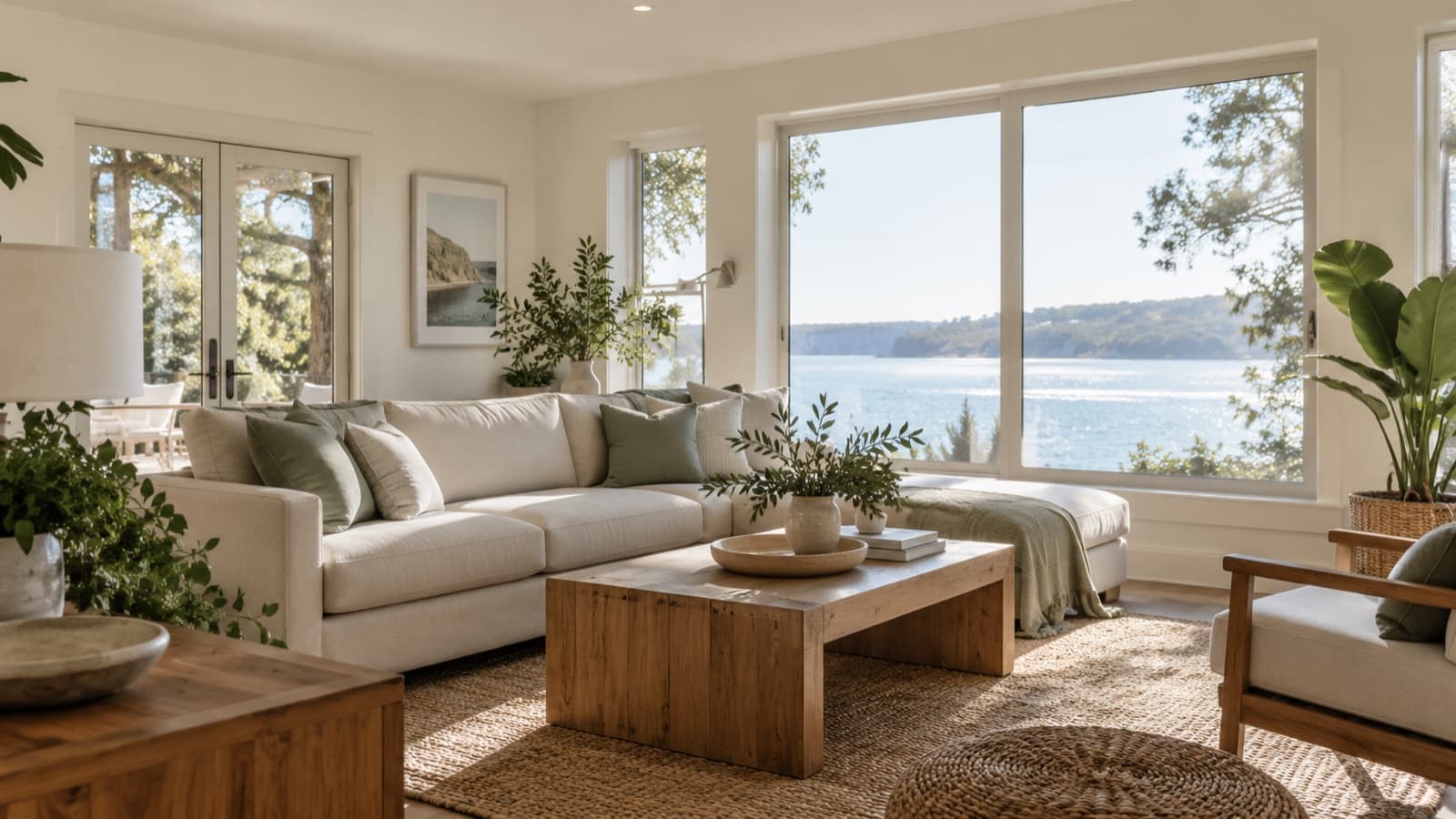 Bright shared living room with a sectional sofa, plants, and large windows onto the water