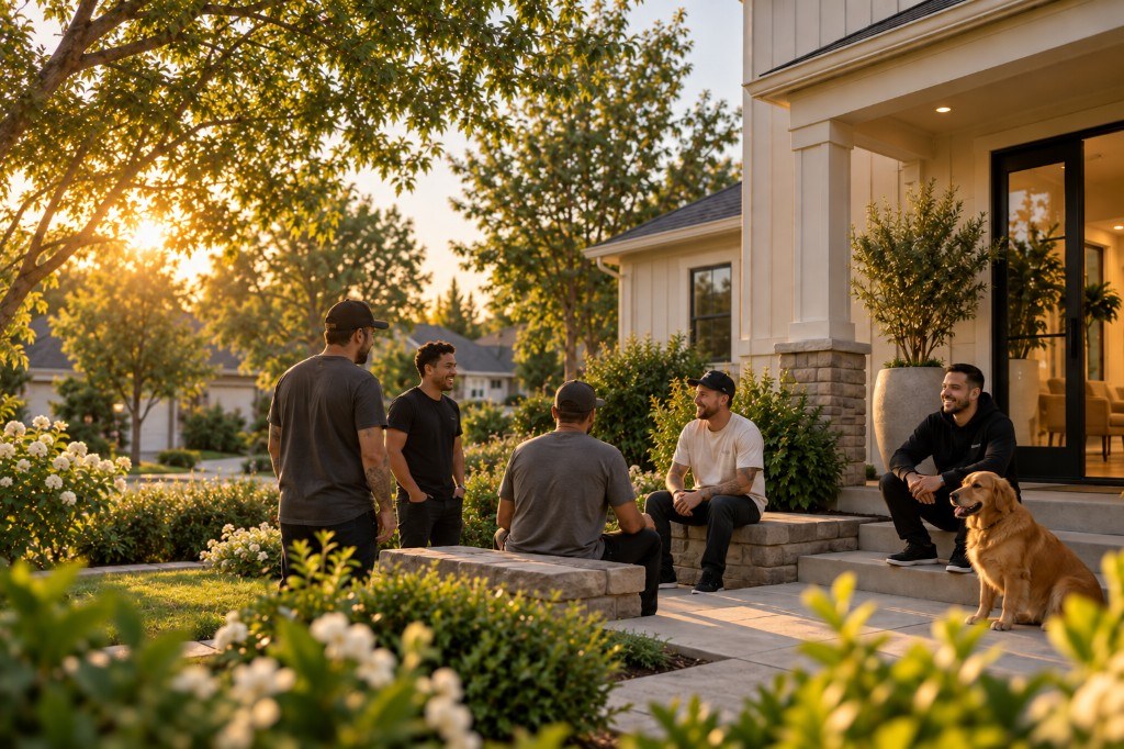 People gathered on the front porch at sunset, talking together with a golden retriever nearby
